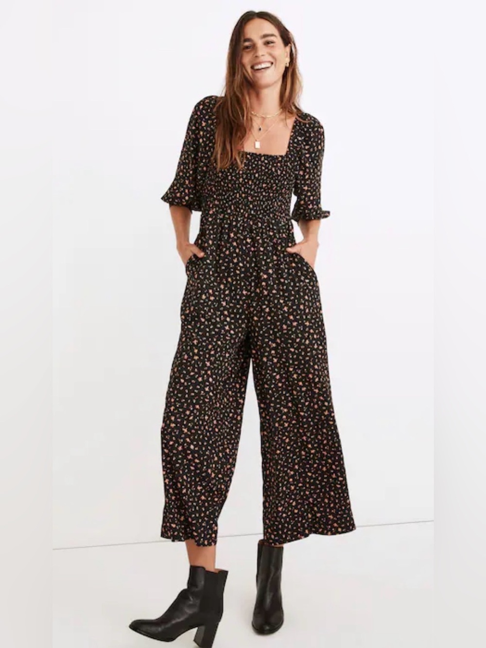 Madewell lucie smocked wide leg jumpsuit black pink floral size 6